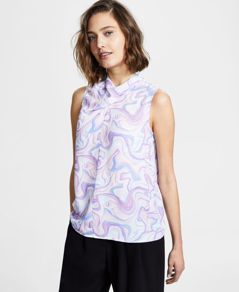 Women's Marble-Print Cowl Neck Sleeveless Blouse